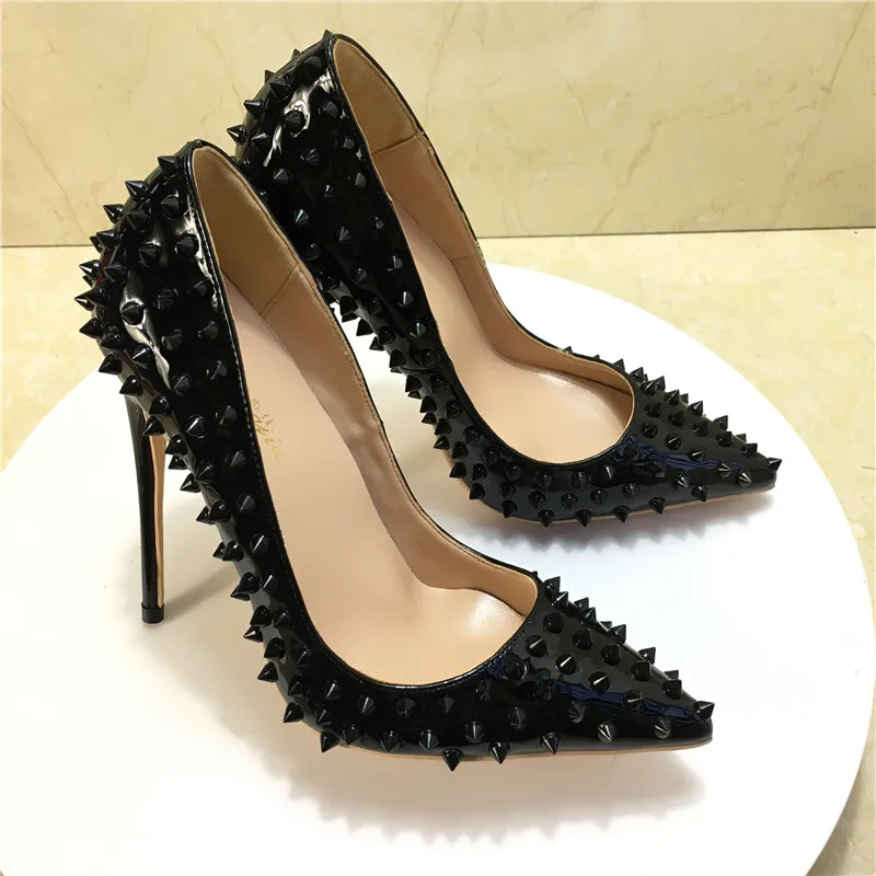 

Fashion free shipping black Patent Leather spikes Poined Toe Stiletto Heel high heel shoe pump HIGH-HEELED SHOES dress shoe
