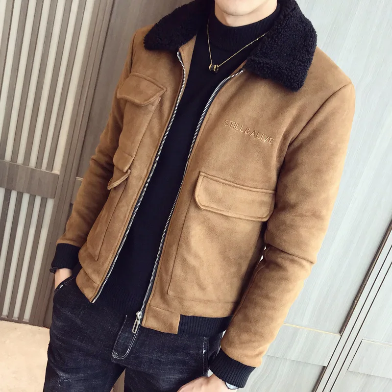 

Mens Winter Suede Cotton Jacket Fashion 2021 Slim Fit Pocket Embroidered Outerwear Streetwear Casual Warm Short Coats M-3XL