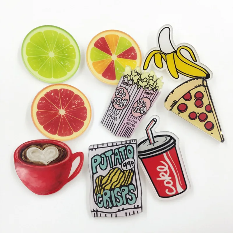 

100 Pieces/Lot Acrylic Brooches Fruit Orange Popcorn Badges Food Potato Crisps Lapel Pins Label Icons Jewelry Accessories
