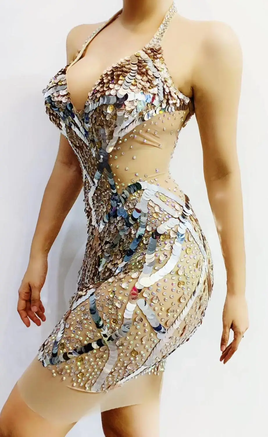 

Women Sexy Flashing Rhinestones Sequin V-neck Transparent Dress Birthday Celebrate Outfit Dress Bar Prom Women Dancer Dress