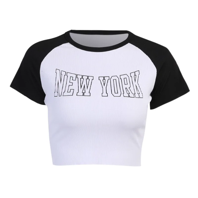 

Contrasting Letters Printed Short Sleeve Round Neck Top Sexy Navel Slim T-shirt Women In Summer