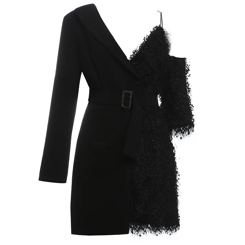 Женское Асимметричное мини-платье Max Spri Черное вечернее платье с длинным рукавом