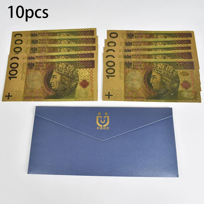 10 штук/упаковка 500 Польша валюты банкноты сусального золота Цветные с покрытыем цвета чистого 24 каратного золота счетчик валюты 500 RUB - Цвет: 100PLN