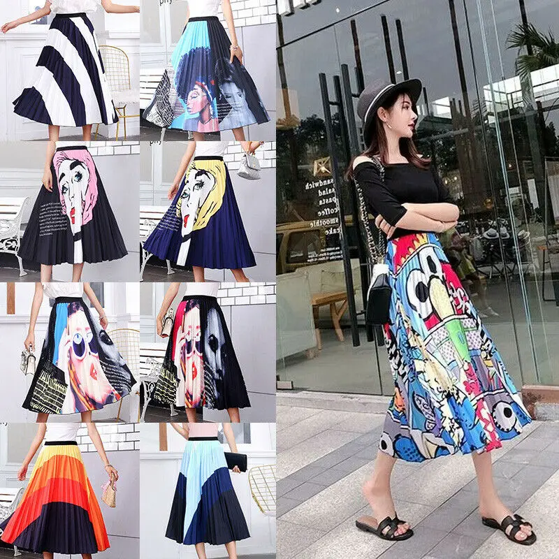 

Fashion Boho Women High Waist Pleated Skirt Midi Skirts Elastic Long Maxi Dress