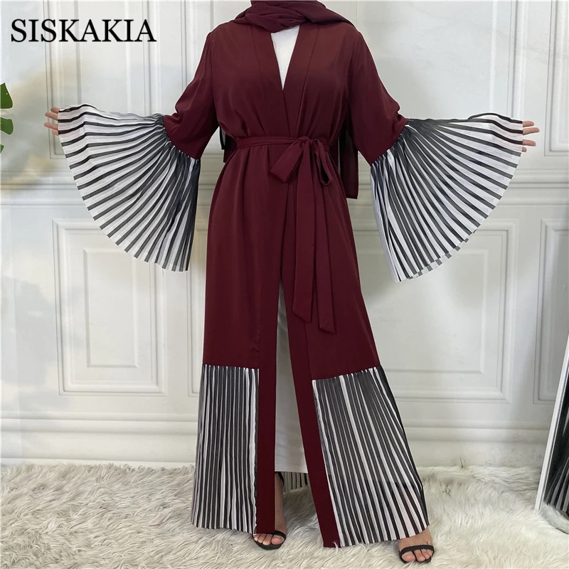 

Middle Eastern Muslim Cardigan Robe Fashion Striped Contrast Color Splicing Pleated Swing Flare Sleeve Kimono Abaya Arab Clothes
