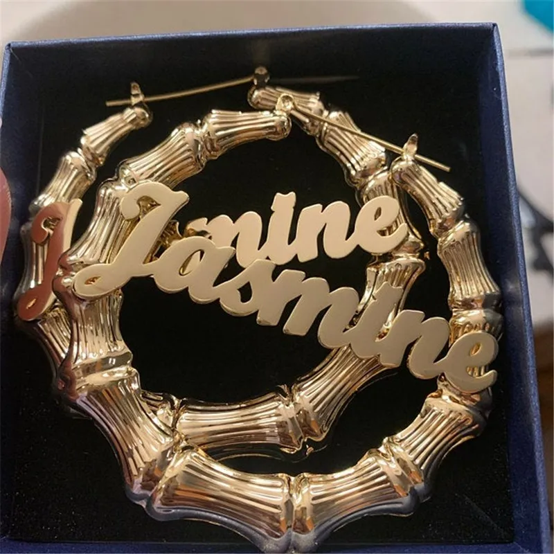 

Fateefah 30mm-100mm Custom Bamboo Hoop Earrings Customize Name Bamboo Style Personality Earrings With Statement Hiphop