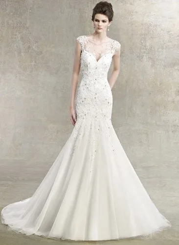 

free shipping 2016 New Applique Lace Beaded Mermaid Tulle Sheer Wedding Dress Open Back Custom Made rhinestone wedding dress