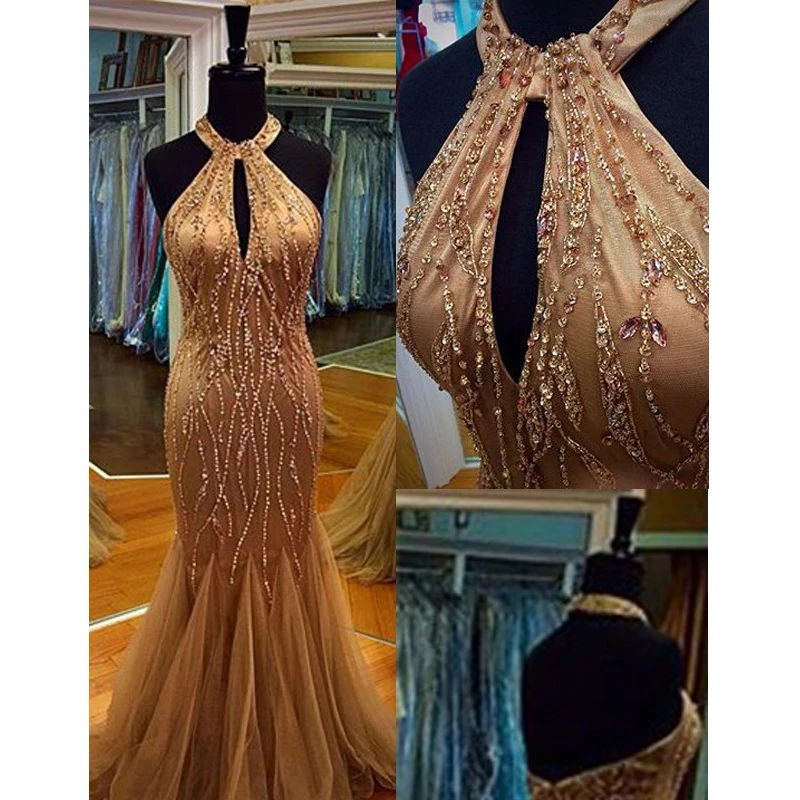 

Sparkly Heavy Beads Champagne Prom Dresses 2016 Real Pic Mermaid Halter Neck Beading Prom Gowns with Keyhole Evening Gowns