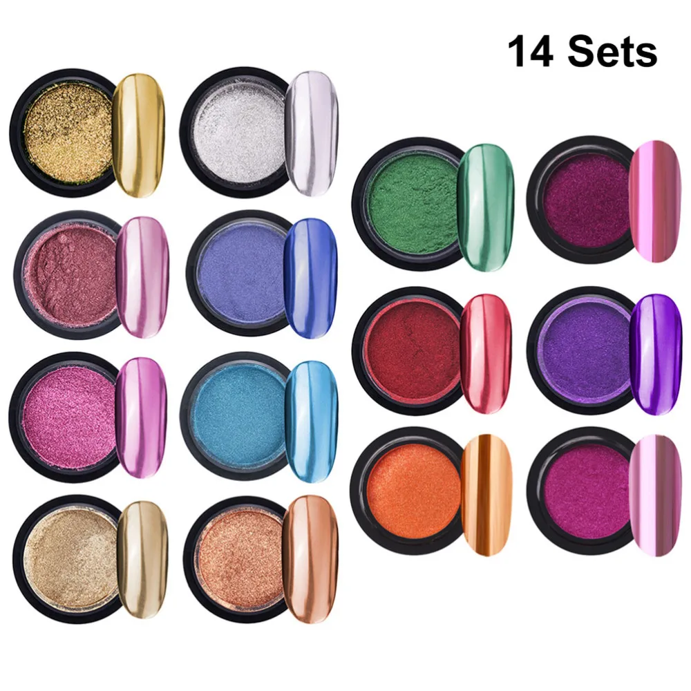 

14 Sets Nail Powder Metallic Nail Art Powder Mirror Effect Manicure Pigment with Sticks