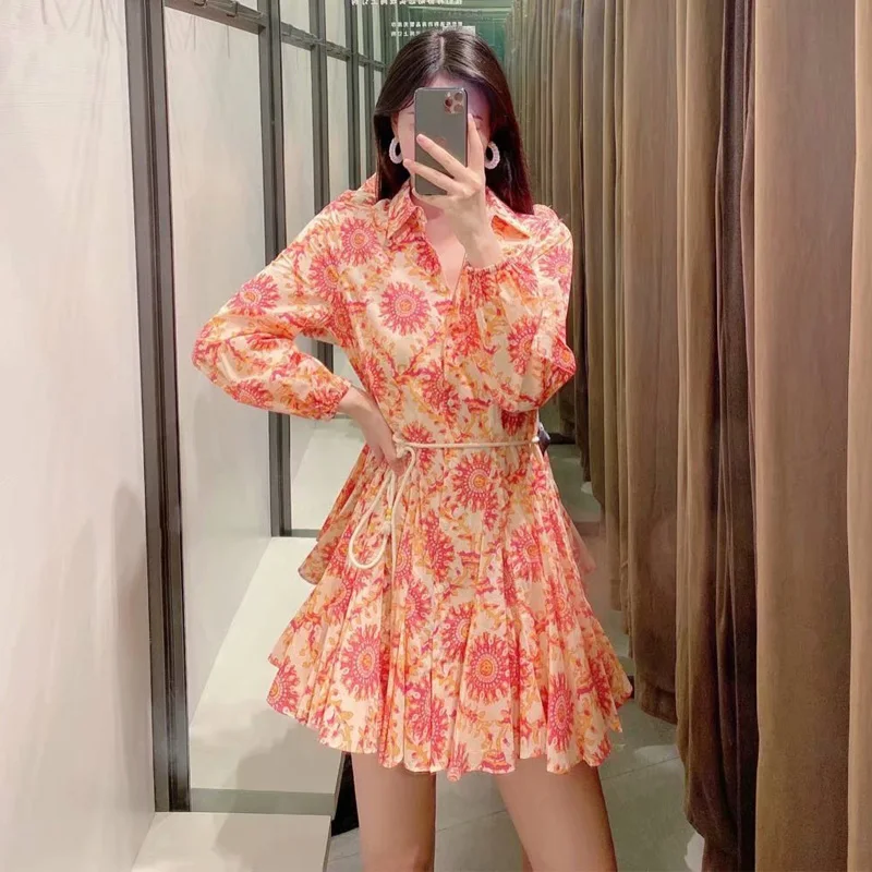 

VUWWYV Za 2021 Pink Dress Women Blue Print Mini African Dresses for Women Summer Casual Button Up Short Dress Woman Long Sleeve