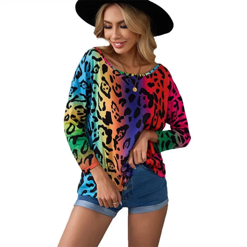 

European and American Long Sleeve T-Shirt Women's Autumn New Round Neck Cow Pattern Contrast Color Leisure Top