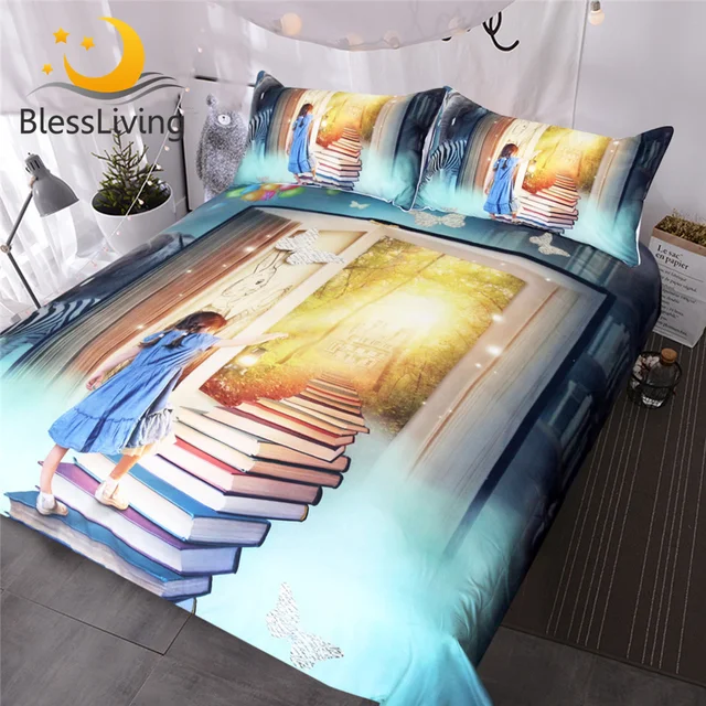 BlessLiving Little Girl Bedding Set Books Ladder Duvet Cover for Kids Rabbit Bedclothes Fairy Tale World Castle Home Textiles 1