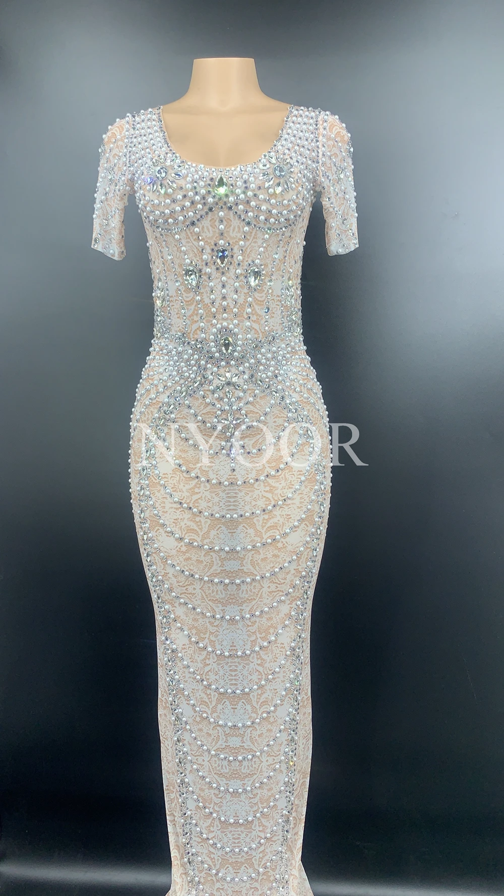 New Short Sleeve Pearls Rhinestones Long Dress Women Prom Party Celebrate Dresses Sexy Transparent Evening Bodycon | Тематическая