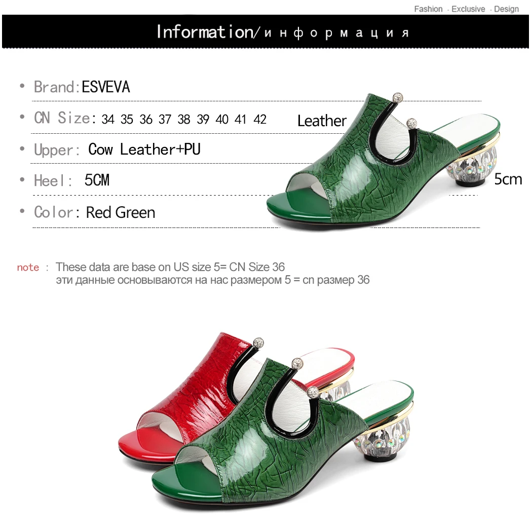 

ESVEVA 2019 Ladies Sandal Med Heel Round Toe Ladies Slingback Crystal Platform PU Leather Green Women Shoes Summer Size 34-42