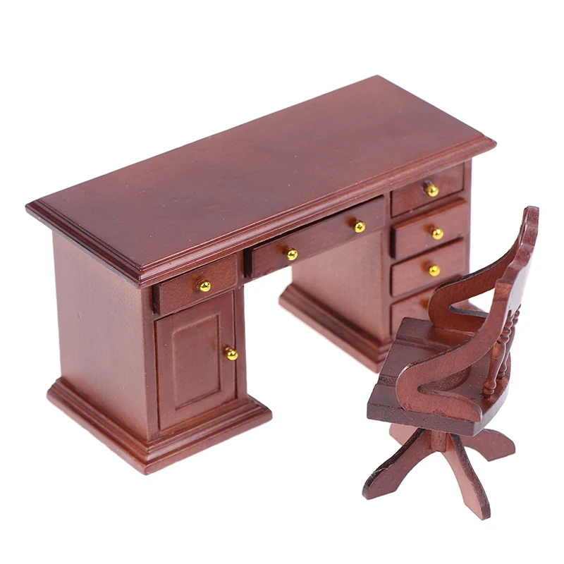 

2 шт./компл. 1/12 кукольный домик миниатюра деревянный компьютерный стол офисный стул модель мебели для кукольного домика на новый