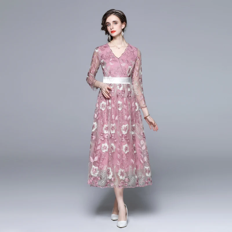 

JSXDHK Elegant Women Pink Floral Long Dress New 2022 Spring V Neck Mesh Flower Embroidery Ladies High Waist Party Vestidos Robe