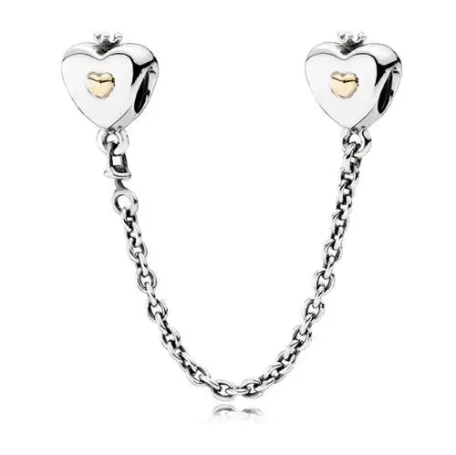 

Genuine 925 Sterling Silver Charm Gold Color Love Heart & Crown Safety Chain Bead Fit pandora Bracelet & Necklace DIY Jewelry