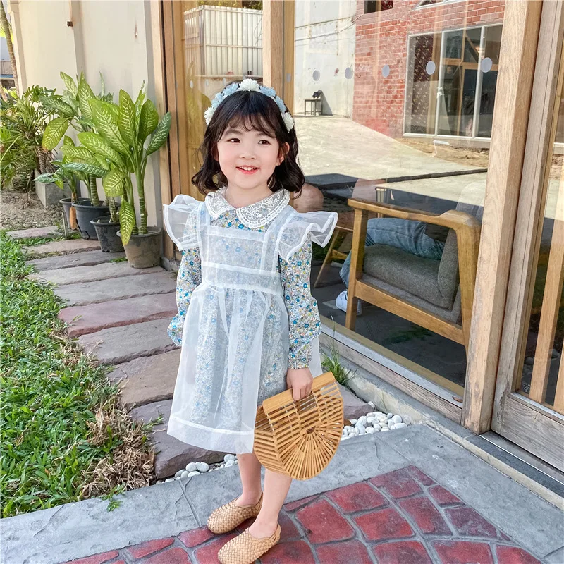 

Girls Party Princess Dress 2021 Autumn Korean Girl Floral Cotton Dress + Sweet Lace Mesh Dress Children's Palace Princess Dress