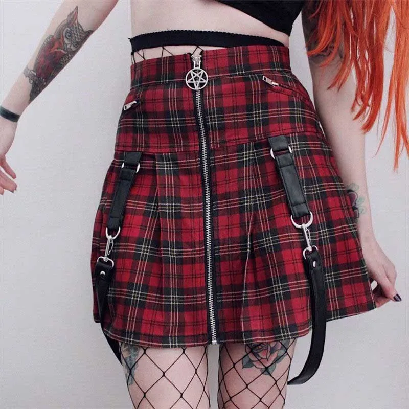 

NiceMix 2020 sping new fashion High Waist Street leisure ladies Short pleated skirt gothic red plaid skirt summer Mini Skir