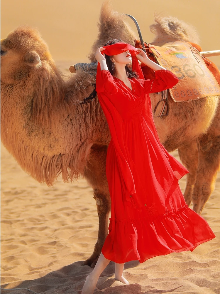 

New Summer Women Dress 2021 Red Elegant V Neck Bohemian Beach Hollow Out Splice Long Dresses Party Vestidos