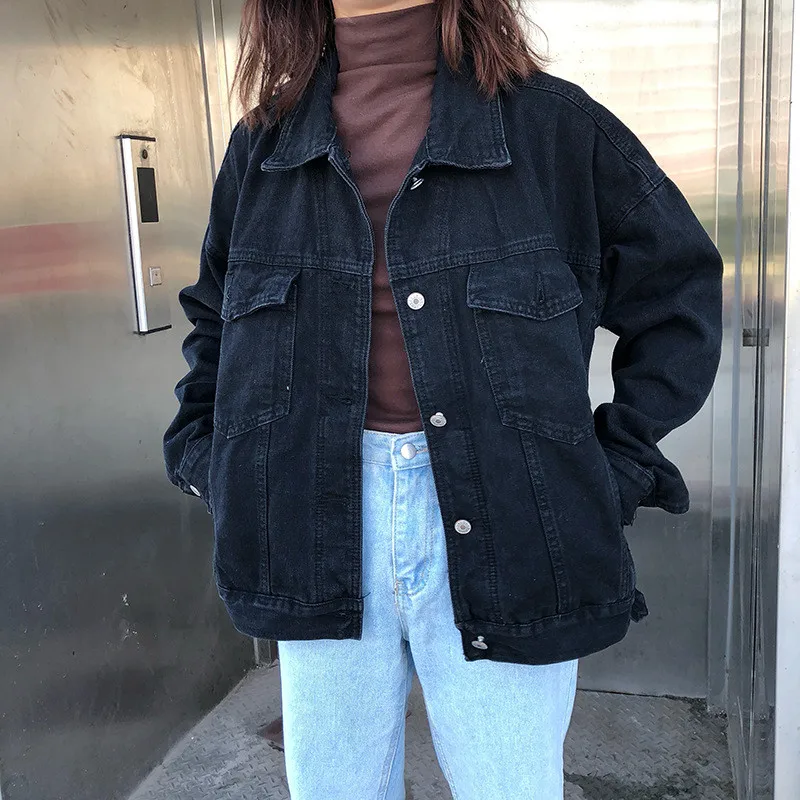 

Denim Vintage Sleeve Jacket Casual Denim Loose Long Basic Jacket Harajuku Streetwear Coat Women Women Jeans Jacket Black Bomber