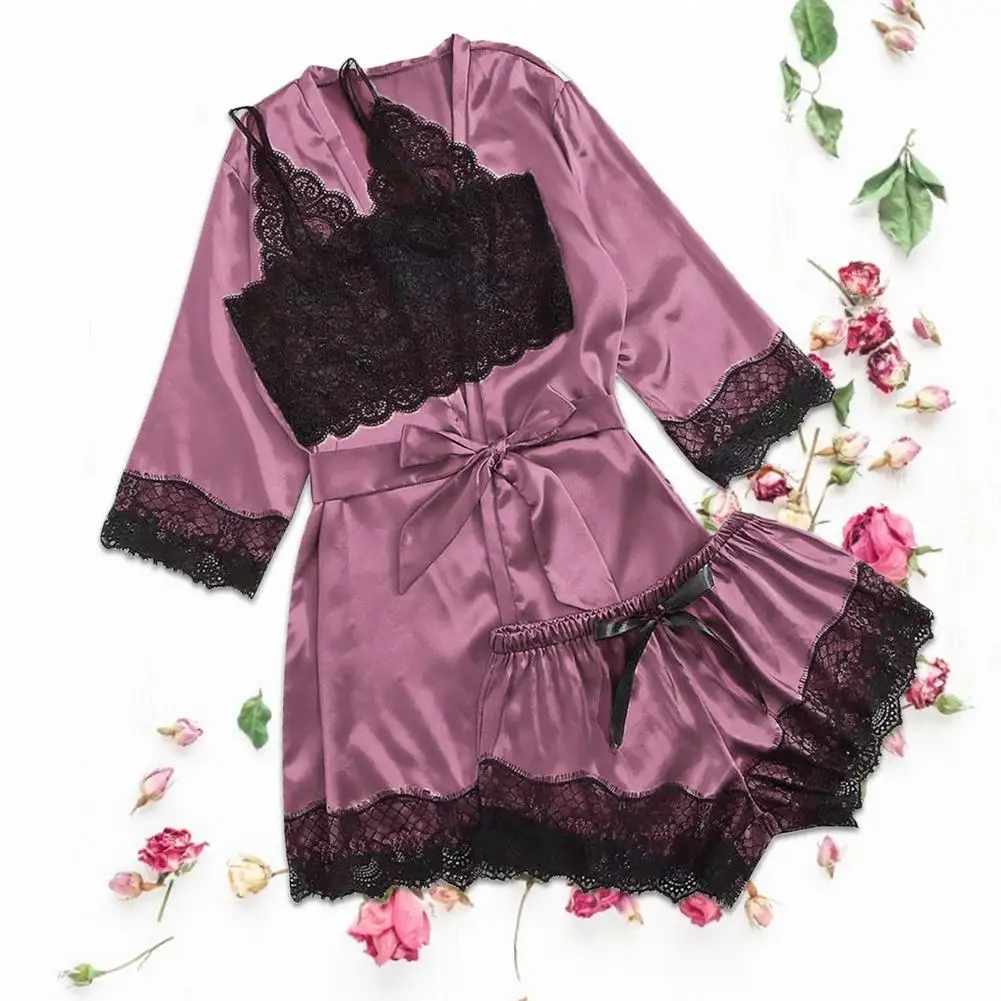 3 шт. халат для сна Женские кружевные Сатиновые пижамы Одежда Комплект v образный