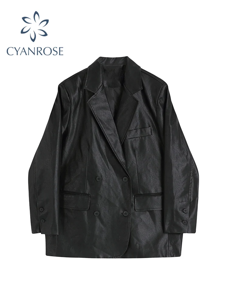 2021 Women PU Fur Suit Jacket Office Ladies Loose Korean Fashion Blazer Female Vintage Lapel Double Breasted Long Sleeve Coats |