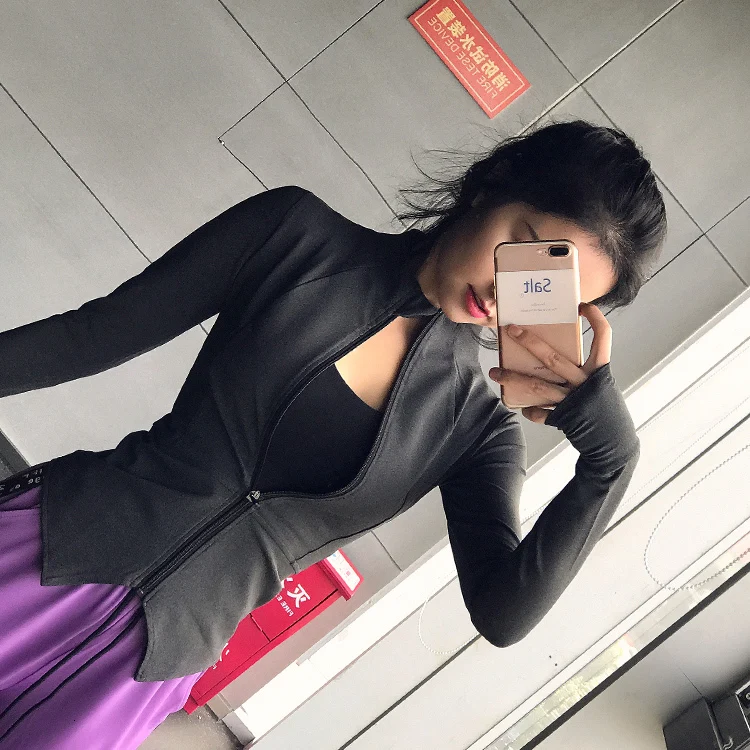 

Облегающая куртка для бега, Женская эластичная Спортивная ветрозащитная рубашка с длинным рукавом для йоги, спортивная куртка на молнии с о...