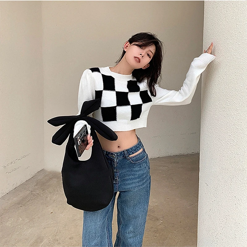 

Women's Sweater Autumn Winter Warm Casual Loose Lady Sweaters Knitted Pullover Pull Solid Chic Tops Black White Grid