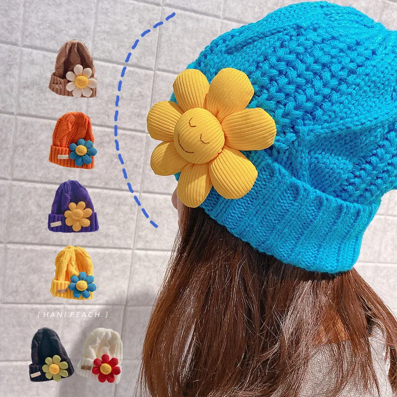 

Colorful Smiling Face Flower Girls Knitted Wool Warm Hat Winter Bonnets for Women Autum Beanie Cap Beautiful Headwear New Gifts