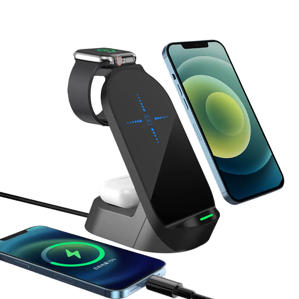 

15W Wireless Charger Stand For iPhone 12 11 XS XR X Apple Watch 4 in 1 USB Charge Qi Fast Charging Dock Station for Airpods Pro