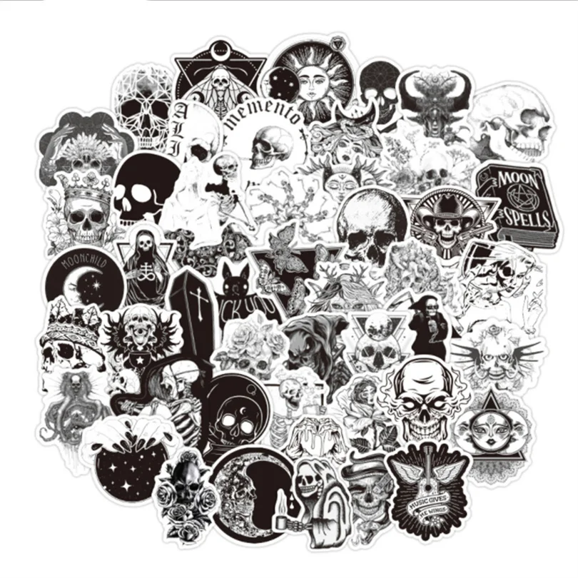 Calavera g&oacute;tica de terror negra, decoraci&oacute;n creativa de Graffiti, Maleta, guitarra, pegatina impermeable, juguete al por mayor, 10/30/50 Uds.-0