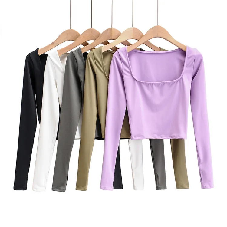 

2020 Women Summer Soft Sexy Slim Knitted Cotton Crop Tops Super Long-sleeve Basic Square collar female