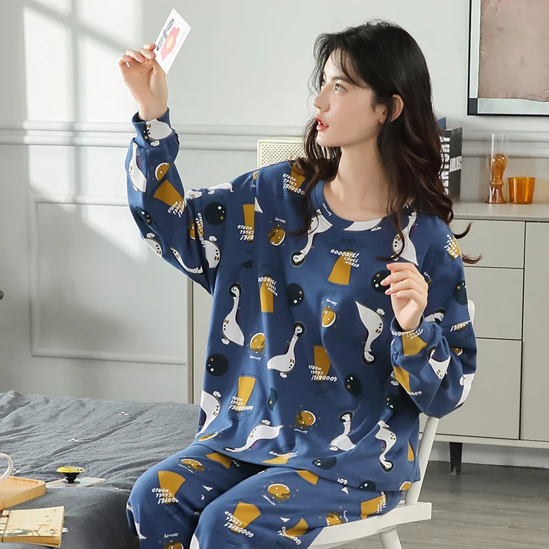 

Women's Comfort Pajama Set Casual Home Wear Ruffle Pants Sweet Nightwear Cartoon Pattern Pijama Mujer Soft Cotton Sleepwear