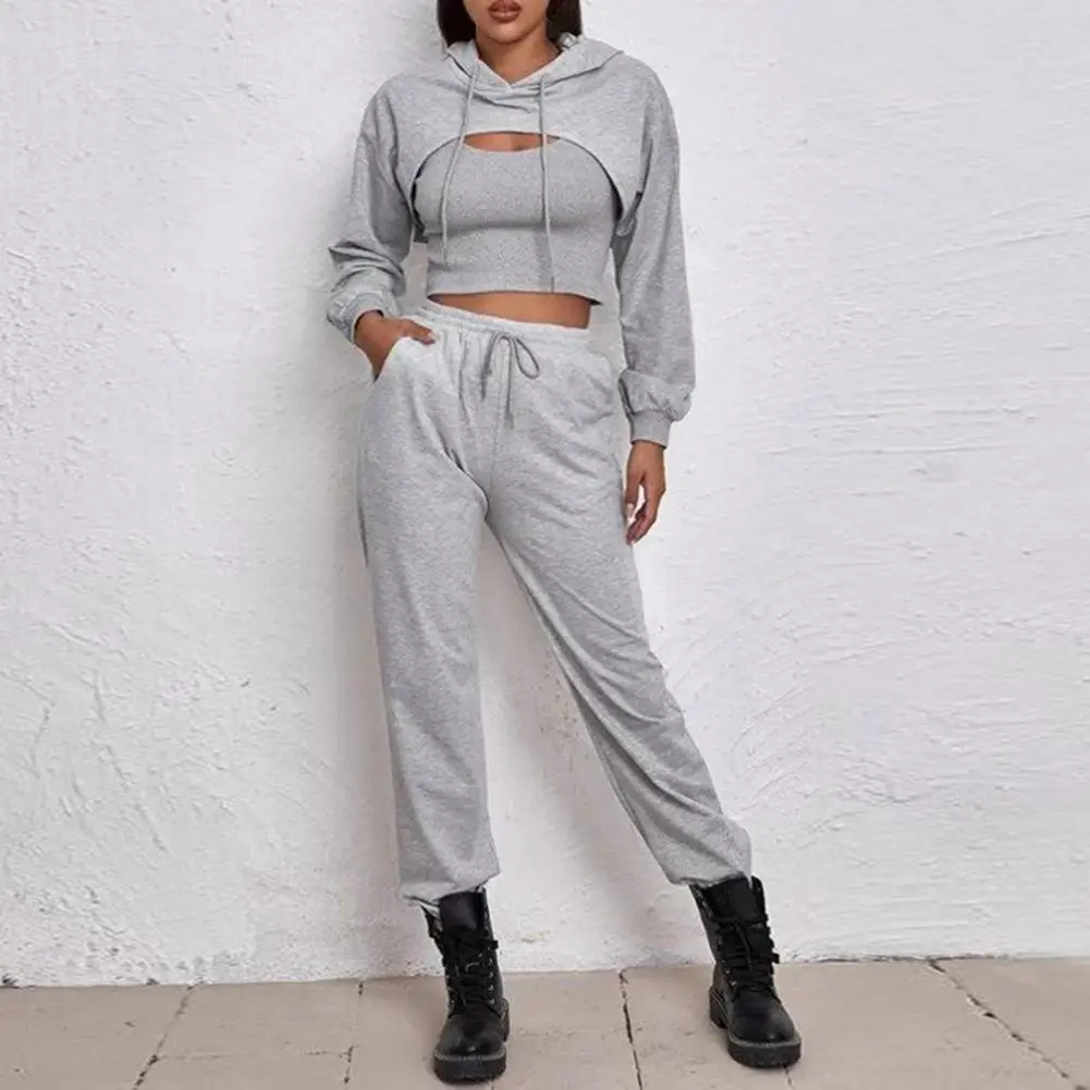 

1 Set Hoodie Vest Pants Set Solid Color Pockets Women Loose Sexy Top Vest Sweatpants for Sports