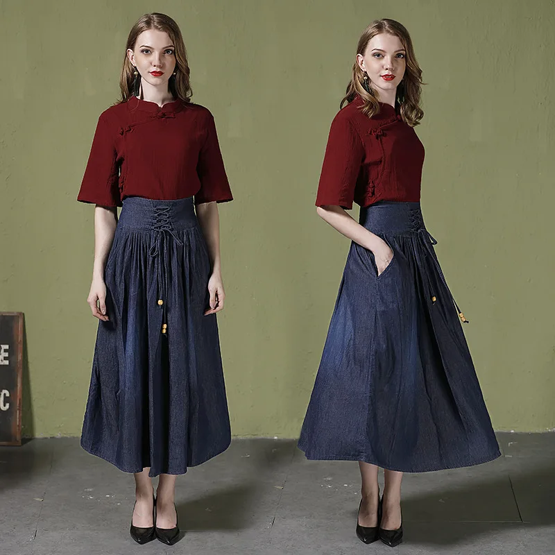 Винтажная Женская эластичная плиссированная джинсовая юбка с высокой талией и карманами на поясе, однотонная уличная одежда в стиле ампир на каждый день, макси