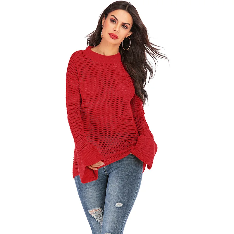 

Donsignet Women's Sweater New Fashion Round Neck Pullover Solid Color Loose Flared Knitted Long Sleeves Sweater Women's clothing