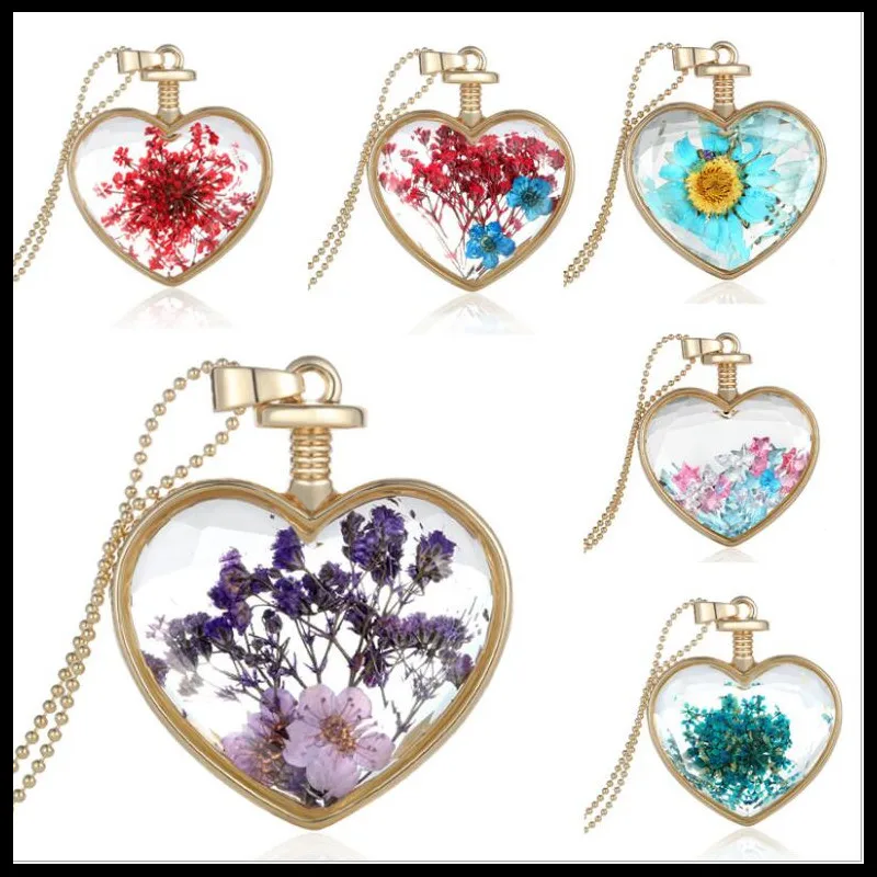 Dried Flower Real Dry Glass Charms Pendant Necklace Heart Locket Gold Chain For Women Jewelry Fashion | Украшения и аксессуары