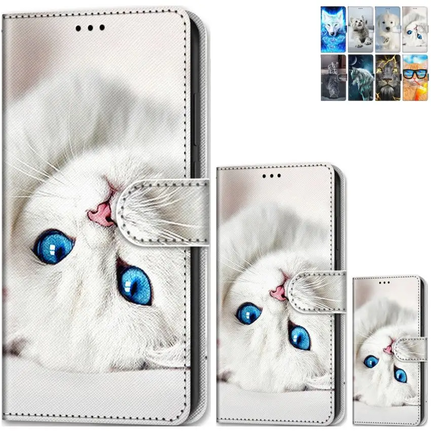 Чехол книжка с кошкой и волком для Huawei Honor 9X 8X 7X 8S 7S 8A 8C 6C Pro E08F|Чехлы-портмоне| |