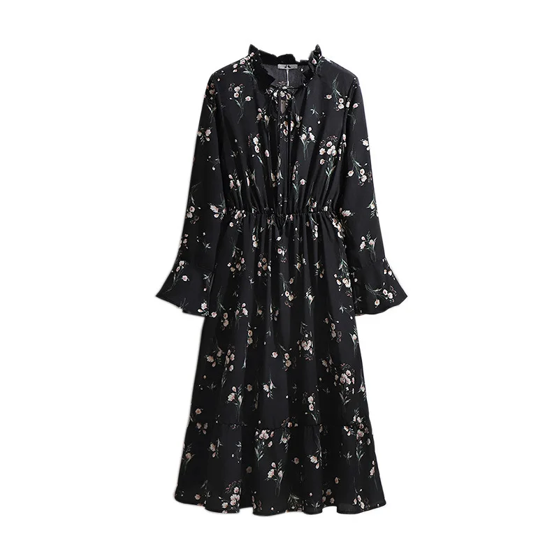 

New autumn winter plus size midi dress for women large loose long sleeve floral print flower chiffon dress 3XL 4XL 5XL 6XL