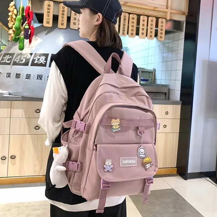 

Preppy Style Women's Backpack Multipockets Kawaii Bag With Plush Toy Keychain Backpack Women Mochila Feminina Large-capacity Bag