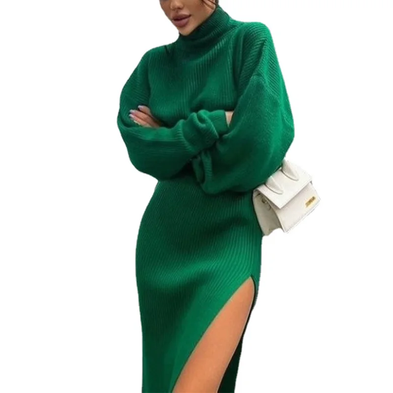 

Женский комплект из двух предметов, Свободный пуловер с высоким воротником и длинная юбка с разрезом, зимний свитер