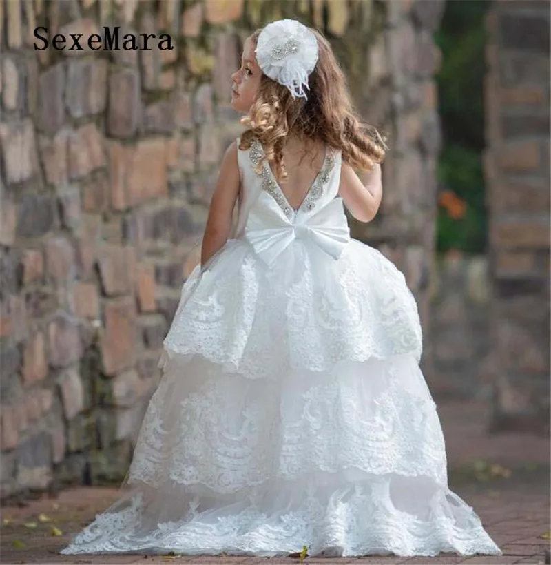 

Прекрасная пышная Тюлевая кружевная Одежда для девочек с кристаллами и воротником, длинное Цветочное платье для девочек на свадьбу, детско...