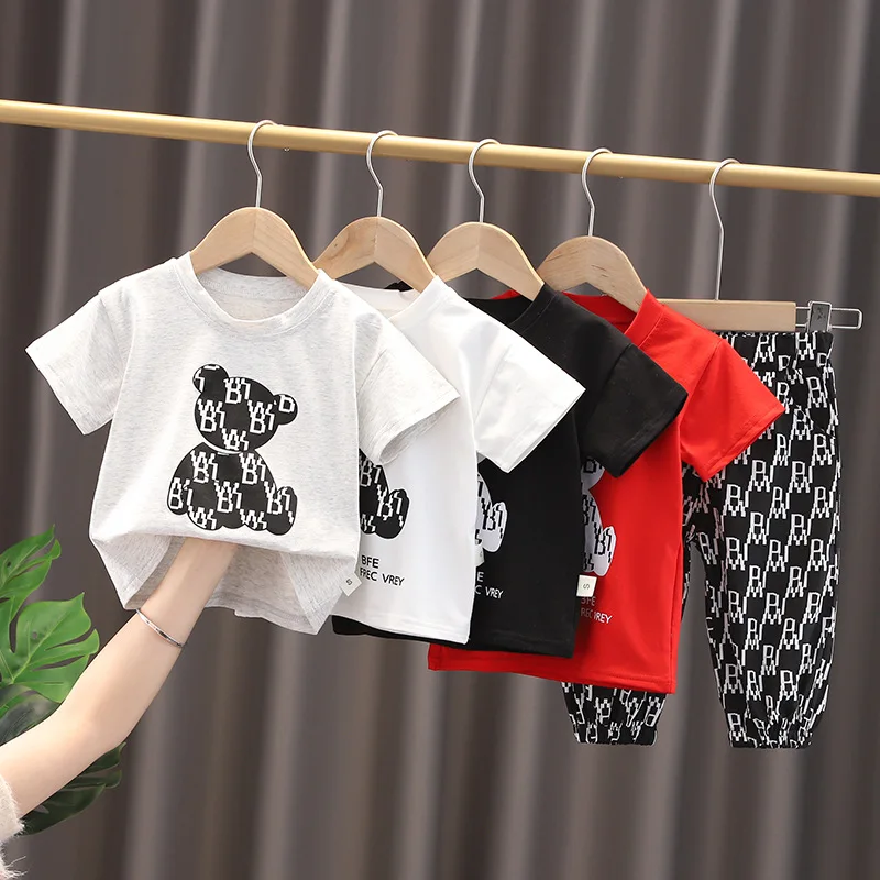

New Summer Toddler Baby Boys Suit Letter Cartoon Bear T-Shirt+Letter Shorts Infant Outfits Children Fashion Casual Clothing Set