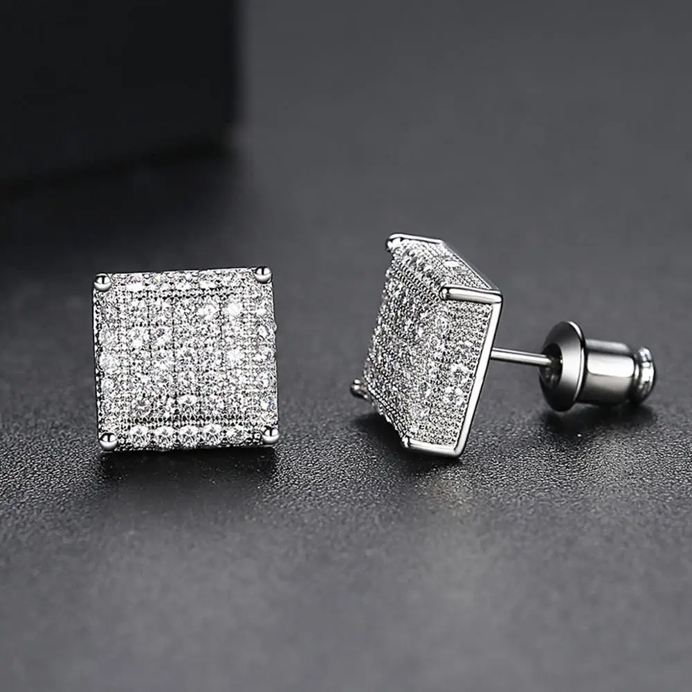 

JINSE Gold Color Square Design Cubic Zirconia Stud Earrings Pave Rhinestone Black White Earrings For Men Trendy Hip Hop Jewelry