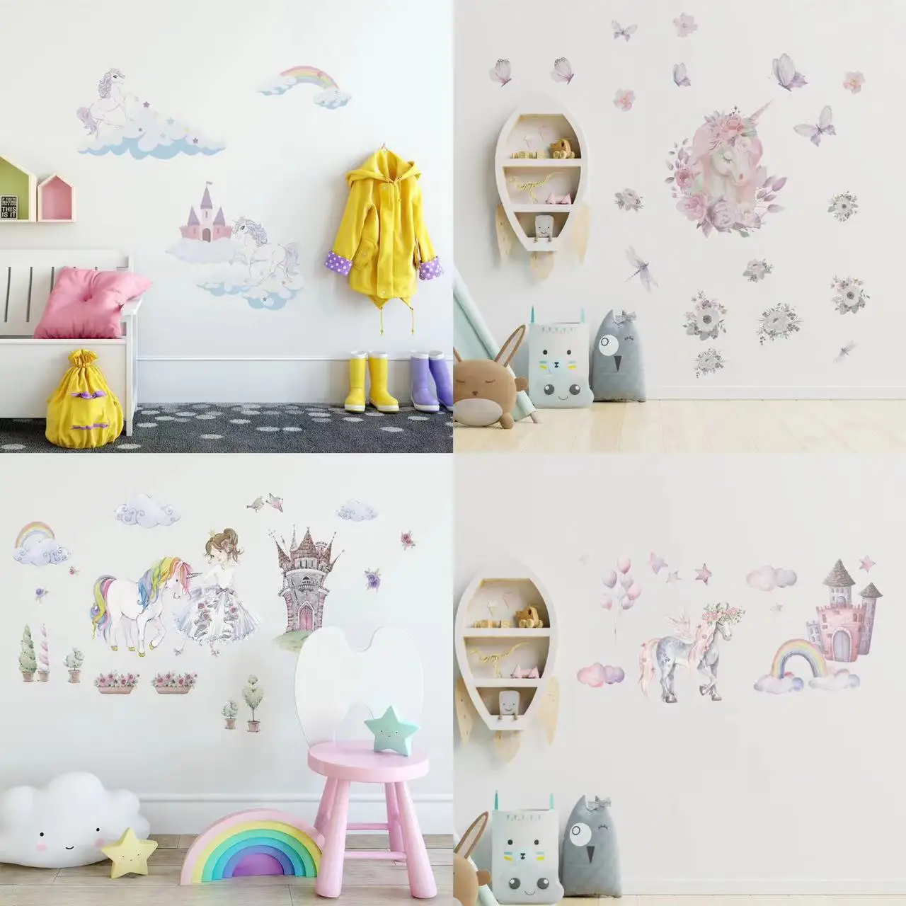 

Cartoon Unicorn Wall Stickers Flowers Castle Nursery Stickers for Home Decoration for Kids Room Baby Girls Bedroom Wall Sticker