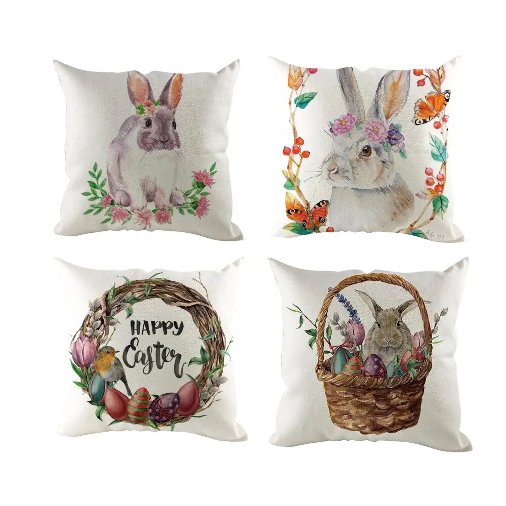 

Happy Easter Pillowcase Decorations Cushion Cover Linen Soft Pillowcase 45x45 Home Sofa Decor Rabbit Flower Egg