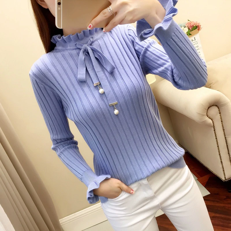 Winter Casual Sweater Women Slim Knitted Female Flare Long Sleeve Turtleneck Pullover Lace Up Sweaters | Женская одежда