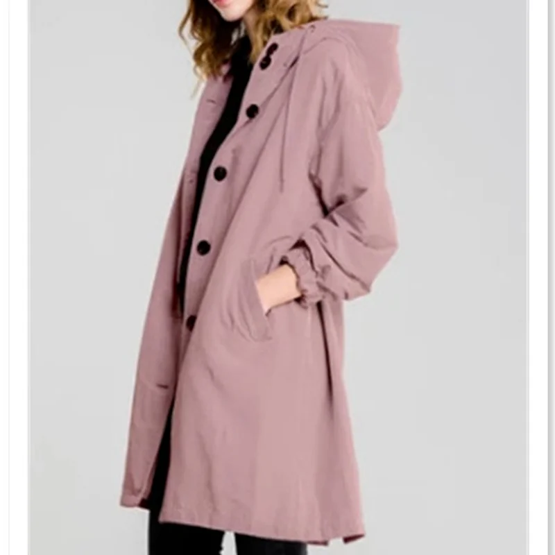 

Women's Loose Button Casual Windbreaker Jacket Hooded Waist Long Windbreaker Long Sleeve Windproof And Waterproof Jacket 2023