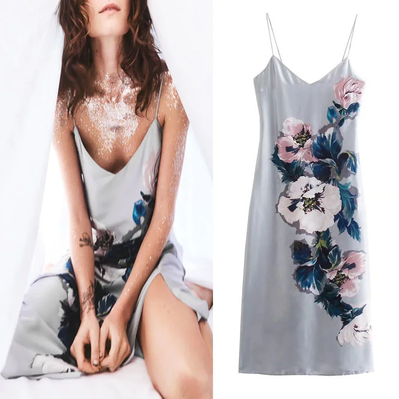 

2021 Za Floral Slip Dresses Women Sexy V-neck Thin Straps Sleeveless Autumn Dress Fashion Back Button Side Slit Hem Female Dress